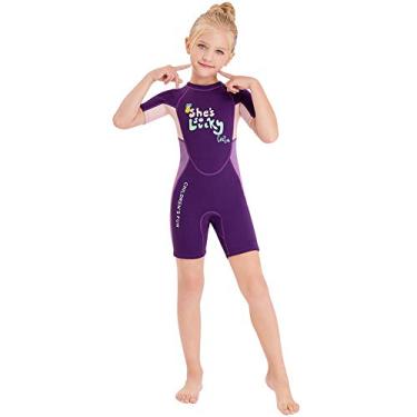 Imagem de Roupa de banho infantil de neoprene para mergulho térmico de 2,5 mm para meninas, meninos, jovens, adolescentes, crianças, roupa de banho com proteção UV para surfe (roxo, G)