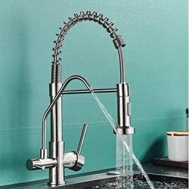 Imagem de Torneira de cozinha cromada moderna, filtro giratório, dispositivo de água pura, misturador de água quente e fria, torneira de cozinha de primavera, instalação de deck, níquel escovado A