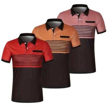Imagem de 3 pçs/conjunto camisa polo masculina color block listrado manga curta lapela golfe camisa com bolso no peito, camiseta casual gola V, Vermelho + caramelo + rosa, GG