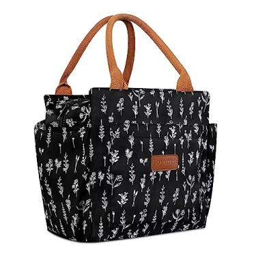 Imagem de Lancheira Joymee isolada, reutilizável, à prova de vazamento, grande, térmica para mulheres, homens, suporte de garrafa e bolsos laterais, para trabalho, piquenique – Pequenas flores brancas