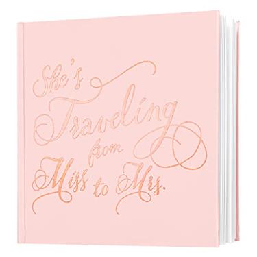 Imagem de Calculs She's Traveling from Miss to Mrs Polaroid Bridal Shower Livro de visitas 21,6 cm Quadrado Bride To Be, capa rosa, estampagem em folha de ouro rosa, páginas brancas em branco para Instax