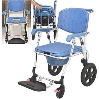 Imagem de Cadeira de cômoda de chuveiro/liga de alumínio dobrável, cadeira de rodas de cômoda 3 em 1, roda traseira de poliuretano de 15,7 polegadas, balde/tampa/proteção contra respingos, para adulto