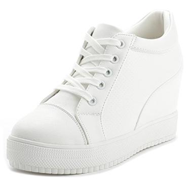 Imagem de Tênis anabela feminino com salto oculto plataforma alta tornozelo sapatos de caminhada fashion noiva sapatos de casamento, White-3" Heel-height, 6.5