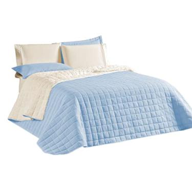 Imagem de Cobre Leito Colcha Cama Casal 3 Peças Dupla Face Algodão Percal 180 Fios Sherpa Cor:Azul