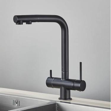 Imagem de Torneira de cozinha retrátil de latão cromado com filtro e alça dupla para água potável quente e fria, torneiras misturadoras de purificação com filtro de 3 vias, preto fosco