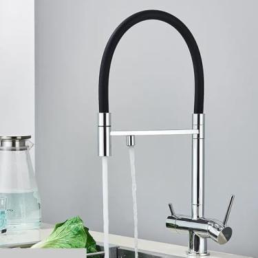 Imagem de Torneira de filtro de água de cozinha de ouro escovado, torneira misturadora de água potável dupla, torneiras de purificação de água rotativas, cromadas A