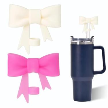 Imagem de Capa de canudo de laço bege e rosa para copo Stanley de 40 e 850 g, tampa de cobertura de palha de silicone de 10 mm para acessórios de copo Stanley, bonito topo de palha para copos, tampa de palha