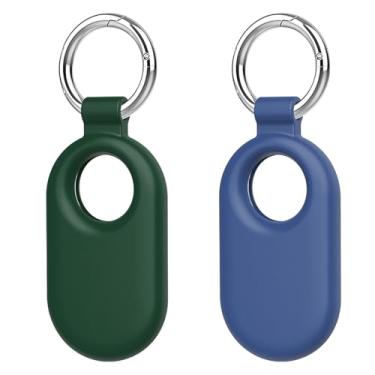 Imagem de SZJCLTD Capa para Samsung Galaxy SmartTag2, pacote com 2 capas protetoras de silicone para Galaxy SmartTag2 com chaveiro para chaves, carteira, bagagem, animais de estimação (azul escuro/verde)
