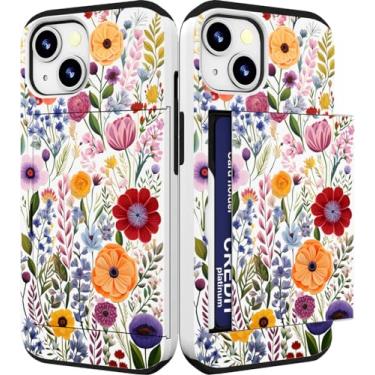 Imagem de IWONE Capa compatível com iPhone 14/15 Plus fofa com porta-cartões à prova de choque com slot fino para telefone 14/15 Plus/Aquarela verão desabrochando floral flor prado natural