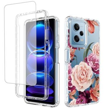 Imagem de Yerebel Capa para Redmi Note 12 Pro 5G, Poco X5 Pro 5G 22101320G com protetor de tela de vidro temperado, design floral, capa protetora para celular para Xiaomi Poco X5 Pro 5G flor roxa