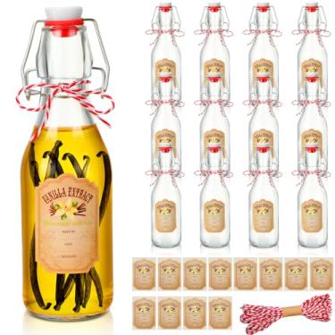 Imagem de Uiifan 12 peças de garrafas de vidro com tampa de vidro transparente de 236 ml com tampas, 12 etiquetas de extrato de baunilha e fios de algodão para cerveja caseira Kombucha Soda Fermentação, suprimentos de festa