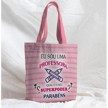 Imagem de Bolsa Sacola Artesanal de Tecido Professora Escola Listrado Rosa - Fab