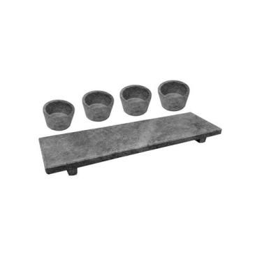 Imagem de Kit Tabua Gourmet 25x7cm e 4 Molheiras 50ml em Pedra Sabão - Industria