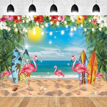 Imagem de Pano de fundo de praia havaiana de verão tropical Havaí Aloha Luau flor do oceano folhas de palmeira prancha de surf flamingo fotografia de fundo decorações de fundo para chá de bebê faixa de festa de