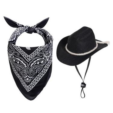 Imagem de choyaxo Chapéu de cowboy para cães, fantasia de caubói para cães pequenos, gatos, chapéu de caubói com bandana conjunto de cachecol acessórios de festa (preto)