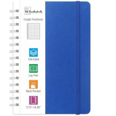 Imagem de Wiisdatek Caderno de papel quadriculado, caderno de grade de gráfico espiral com papel quadriculado de 100 g/m², médio 14 cm × 21 cm, capa dura, fio duplo, bolso interno (azul)