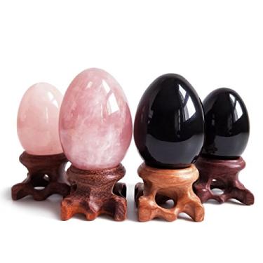 Imagem de Esfera de ovos de quartzo rosa de jade polar com suporte de madeira para meditação de cura e equilíbrio de chacras e decoração de casa, rosa, Set of 4, M & L sizes, rose quartz & obsidian