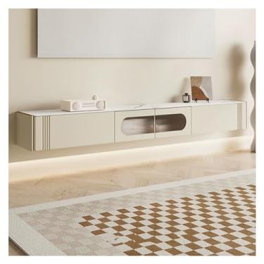 Imagem de LICONG-2019 Gabinete de TV montado na parede Armário de TV flutuante moderno com porta e 2 gavetas, prateleira de TV estreita Suporte flutuante de parede para TVs, 192 cm, armário de TV branco creme,