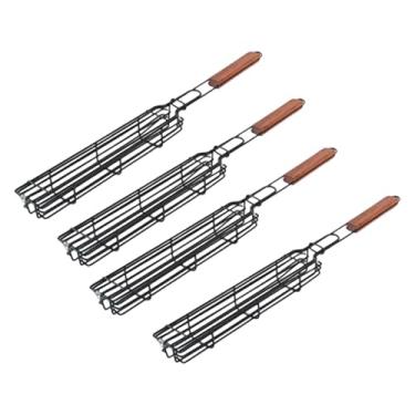 Imagem de Generic 4 peças cestas para grelhar espetos de churrasco cabo de madeira racks práticos ferramentas gaiolas para frutos do mar jumbo