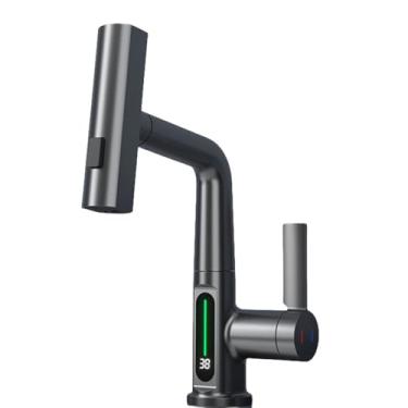 Imagem de Torneira de cozinha tipo cascata, branca, com display digital inteligente, torneiras misturadoras frias e quentes, giratória, para pia, com elevação, cinza-pistola