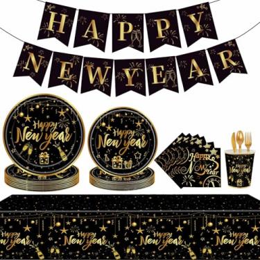 Imagem de WEIKA- 170 peças conjunto de talheres descartáveis feliz ano novo 2025 suprimentos para festa de véspera de ano novo, toalha de mesa descartável, copo de papel, pratos para 24 convidados 2025 Ne