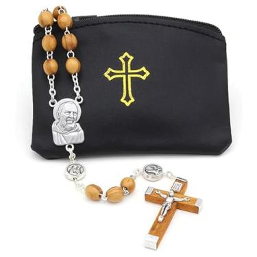 Imagem de Rosário Padre Pio, contas de madeira de oliveira, crucifixo de madeira e bolsa combinando, contas de madeira