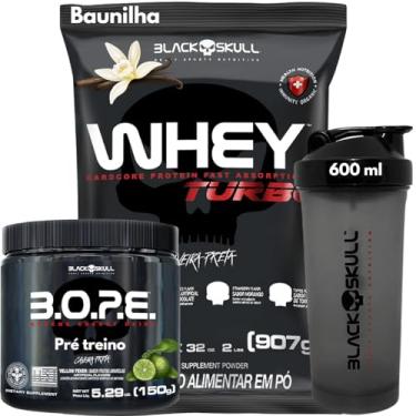 Imagem de Whey Protein 907g + Pré-Treino 150g + Coqueteleira - Kit Black Skull Whey Protein Concentrado Trubo + Bope Pré-Treino 150g + Coqueteleira 600ml Caveira Preta (Whey Baunilha - Bope Limão)