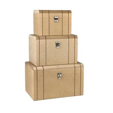 Imagem de Kit Caixa Baú De Madeira Pequeno, Médio e Grande Em Mdf Cru Com Fecho para Cadeado