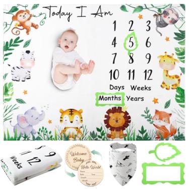 Imagem de Guiqulai Cobertor de marco de bebê para menino, cobertor mensal de animais para bebê, safári, cobertor de crescimento de bebê, fundo de fotografia para recém-nascido, com placas de madeira, molduras,