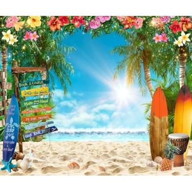 Imagem de Pnylzzyxh Pano de fundo de praia de verão flores coloridas havaianas decorações de festa fundo oceano ilha tropical folhas de palmeira luau pano de fundo para mesa de bolo banner de estúdio vinil 3 x