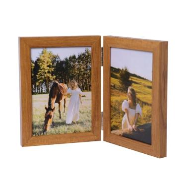 Imagem de SaZiCat Moldura dupla com dobradiça vertical PS para fotos com 2 aberturas, molduras familiares dobráveis, colagem para mesa ou mesa (madeira, vertical dupla, 12 x 17)