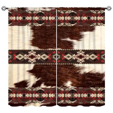 Imagem de Cortina de couro bovino ocidental, estampa de vaca asteca, cortinas geométricas para quarto, sala de estar, quarto de crianças 106,7 cm L x 114,3 cm C