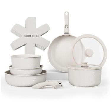 Imagem de Jogo de Panelas e Frigideiras, Material em Alumínio com 16 Peças e Cabo Removível, Country Kitchen, Losango Creme