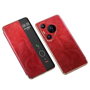 Imagem de Capa vermelha, 70 Pro +, HAO RIYLN para Huawei Pura 70 Ultra/70 Pro +/70 Pro/70, Smart Window View, capa de couro genuíno retrô, proteção completa à prova de choque