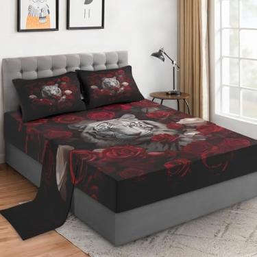 Imagem de WeCozy Jogo de lençol casal com fronhas, animal tigre branco, 4 peças, roupa de cama de microfibra macia para crianças e adultos, lençol com elástico para decoração de cama de quarto
