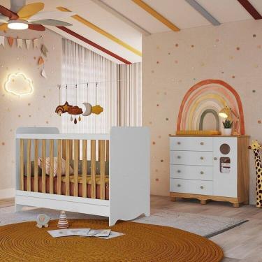 Imagem de Quarto de Bebê com Cômoda 1 Porta Janelada 4 Gavetas e Berço Minicama 100% Mdf Gael Espresso Móveis Branco Brilho/Amêndoa