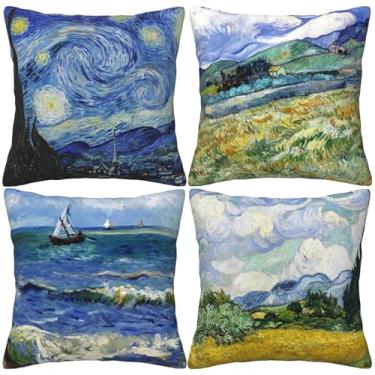 Imagem de HOSTECCO Vincent Van Gogh Conjunto de 4 capas de almofada com design de arte abstrata quadradas decorativas para fãs de pintura famosa, 45,7 x 45,7 cm