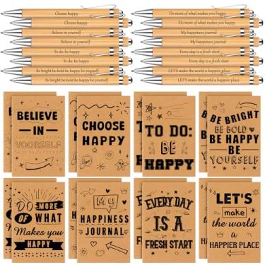 Imagem de 16Pcs Kraft Notebook Let's Be Happy Journals Happiness Themed College Ruled Journals Inspirational Lined Pockets Notebook 4.92 x 3.14 In With 16 Pcs Bamboo Retractable Ballpoint Pens