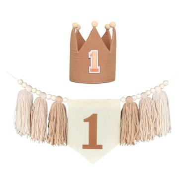 Imagem de UGPLM Banner de cadeira alta do 1º aniversário de 1º aniversário de decoração foto do suporte de parede de parede de parede de madeira de miçanga de madeira, Marrom