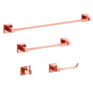Imagem de SOFTINOX Kit Acessórios para Banheiro Luxo Rose Gold Quadritti 4 Peças Porta Toalha Banho Rosto Porta Papel Higiênico Cabide