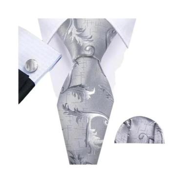 Imagem de Conjunto de Gravata e Abutões Masculinos - Seda Jacquard Preto, Branco