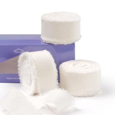 Imagem de FAKILO Fita de algodão rústico natural com borda desgastada, fita 100% algodão marfim 2,5 cm x 18 m para buquês de casamento vintage, convites, chá de bebê, embrulho de presente, artesanato DIY