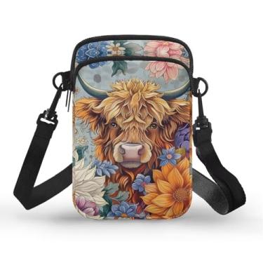 Imagem de Xpyiqun Bolsa transversal para celular feminina de lona pequena tiracolo bolsa transversal, Boho, vaca Highland, One Size