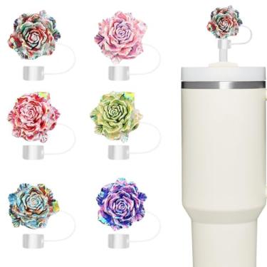 Imagem de Capa de palha, 6 peças de cobertura de palha rosa de pintura a óleo para copo Stanley, compatível com copos de 850 g e 1,134 g, acessórios de silicone reutilizáveis de 10 mm, presentes ideais para