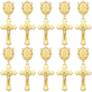 Imagem de LiHan1028 Conjunto de 20 peças de conectores e crucifixo de centro de rosário religioso, medalha dourada e pingentes de cruz, medalha de 3,16 cm, cruz de 5 cm