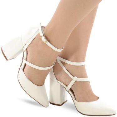 Imagem de Sapato Scarpin Salto Grosso Tiras Confortável P136 - Modarpe, Branco, 