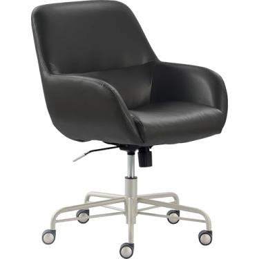 Imagem de Tommy Hilfiger Cadeira de escritório em casa de couro de luxo Forester, assento redondo moderno com detalhe giratório, altura ajustável, cinza
