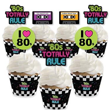 Imagem de Big Dot of Happiness 80's Retro – Decoração de cupcake – Kit de embalagem e palitos para festa dos anos 80 – Conjunto de 24