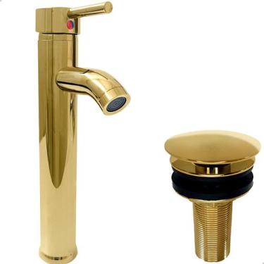 Imagem de Torneira Dourada Pia Banheiro Bica Alta E Valvula Click  Inox Kit Lava