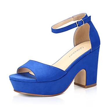 Imagem de Sandálias femininas plataformas de camurça bico aberto tira no tornozelo moda vestido sexy bloco salto alto salto grosso, Veludo azul, 7.5